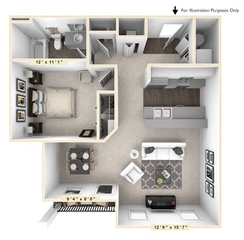 Floor plan for 1 bed, 1 bath, 780 sqft